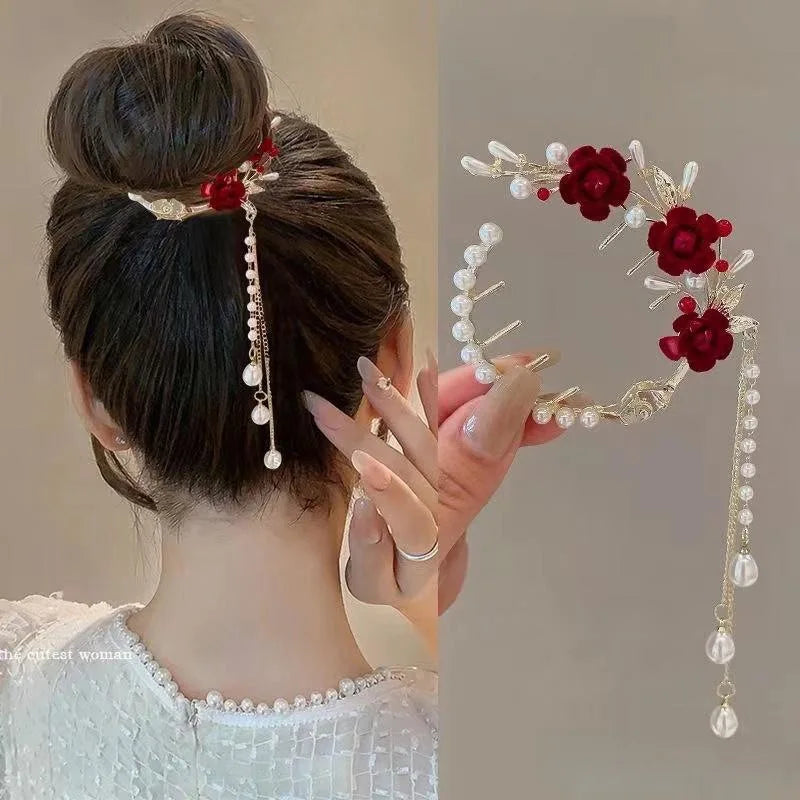 1 Pcs Fashion Exquisite Artificial Pearl Tassel Rose Flower Hair Claws For Women Girls Party Hair Accessories